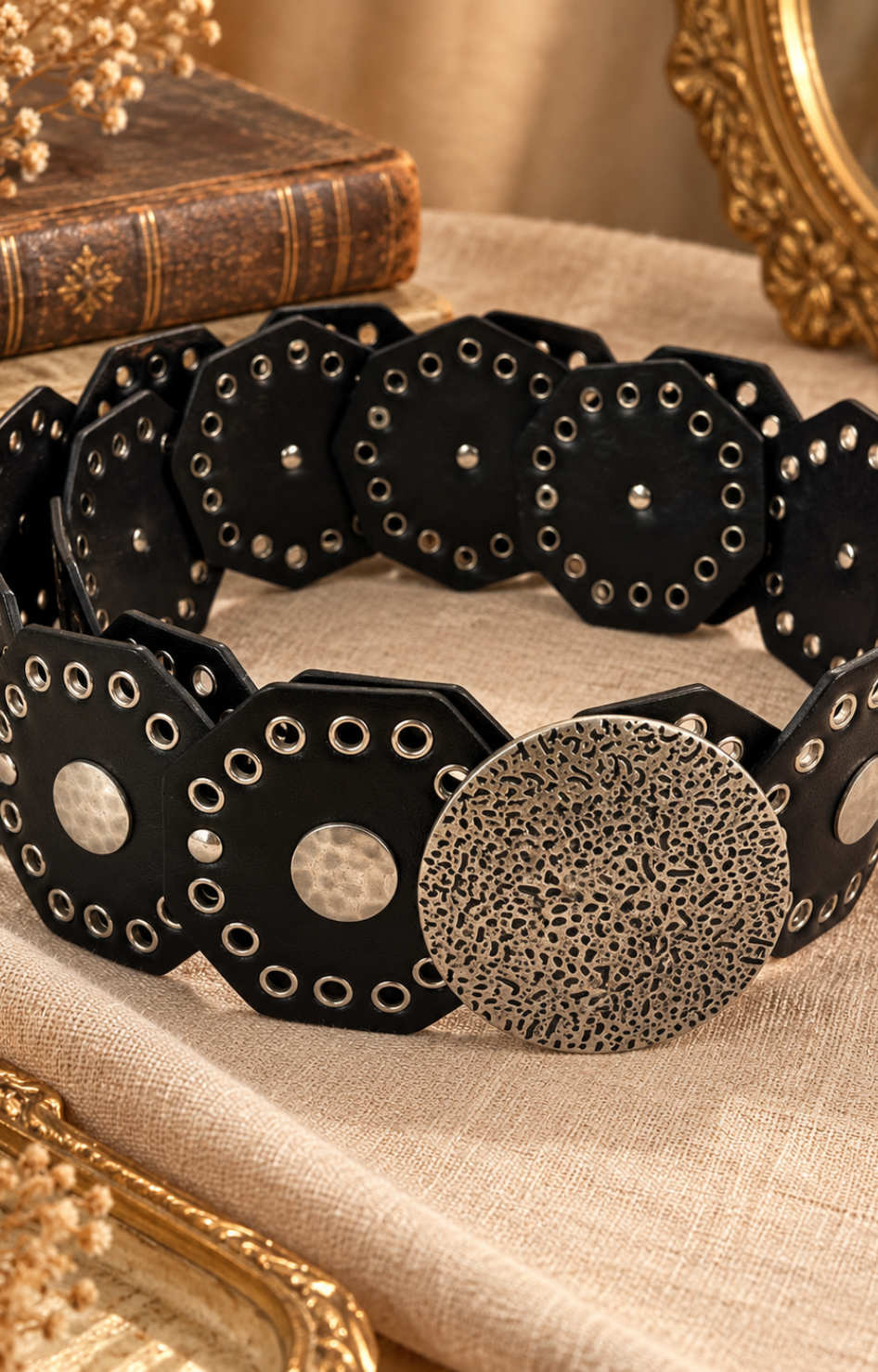 Cinturón de conchos bronce Boutiquemirel con detalles metálicos decorativos y diseño artesanal