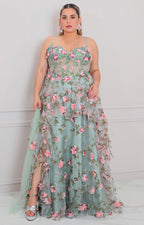Vestido verde con corset y flores 3D - VESTIDO LARGO CURVY Boutiquemirel 