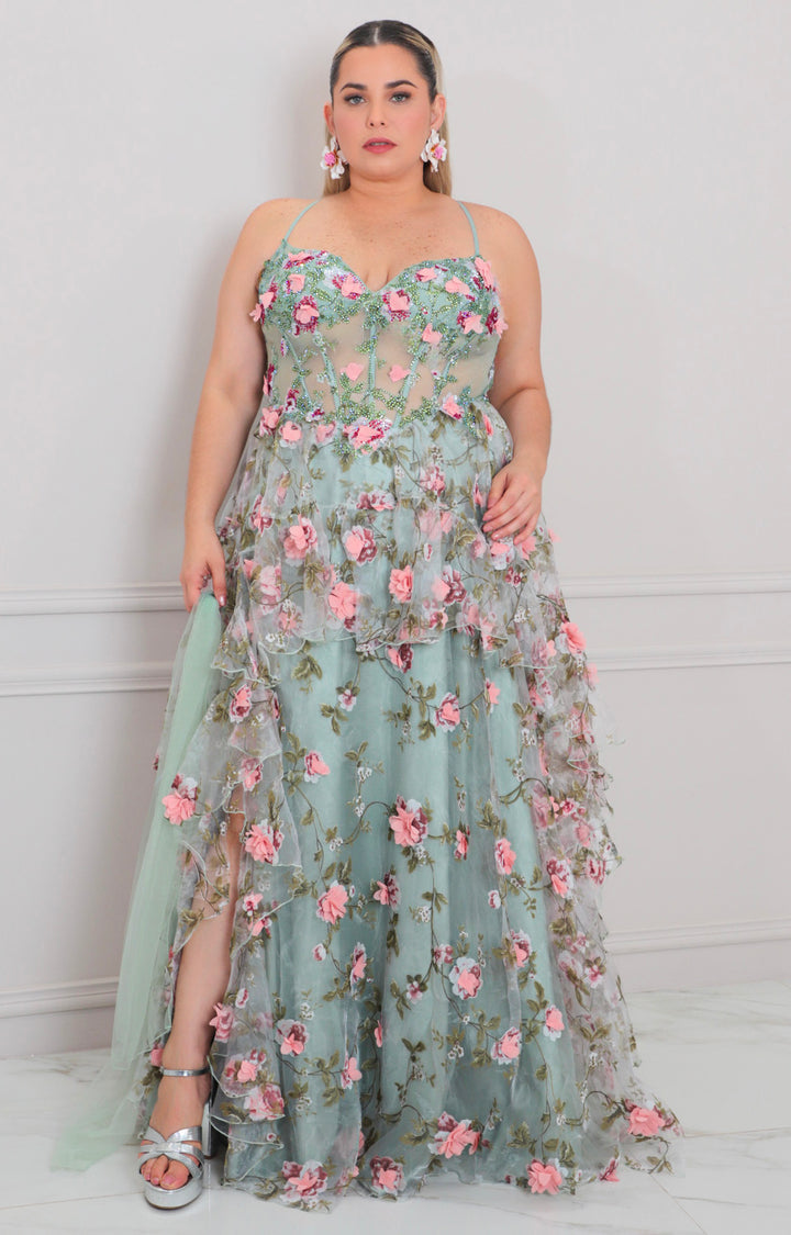 Vestido verde con corset y flores 3D