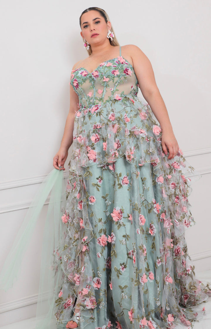 Vestido verde con corset y flores 3D