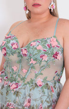 Vestido verde con corset y flores 3D - VESTIDO LARGO CURVY Boutiquemirel 