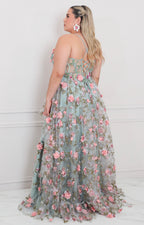 Vestido verde con corset y flores 3D - VESTIDO LARGO CURVY Boutiquemirel 