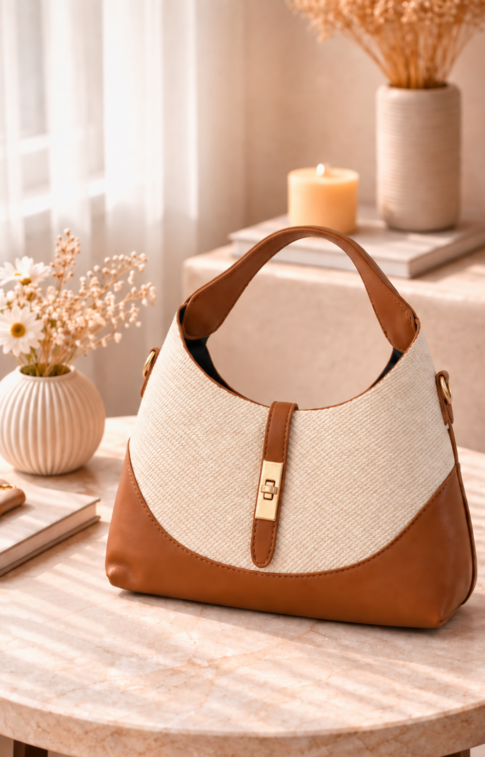 Bolsa hobo de lino con detalles en piel