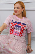 Blusa rosa de encaje con estampado