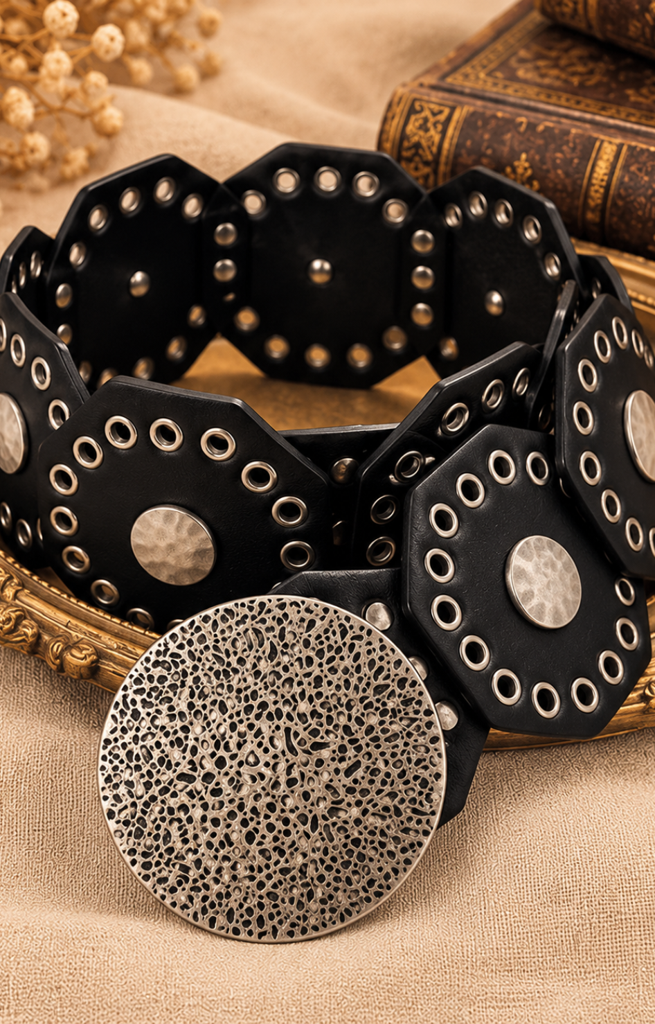 Cinturón de conchos bronce Boutiquemirel, diseño vaquero con detalles metálicos decorativos