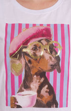 Blusa blanca con estampado de rayas y perrito