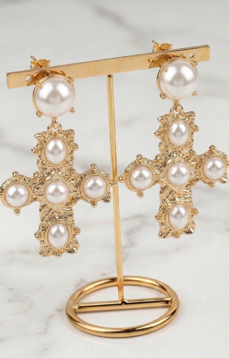 Aretes Dorados de Cruz con Perlas - ARETES Boutiquemirel 