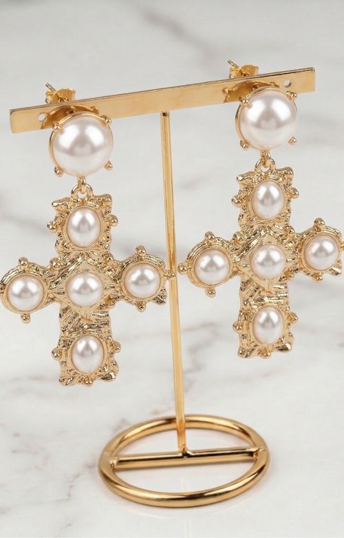 Aretes Dorados de Cruz con Perlas - ARETES Boutiquemirel 