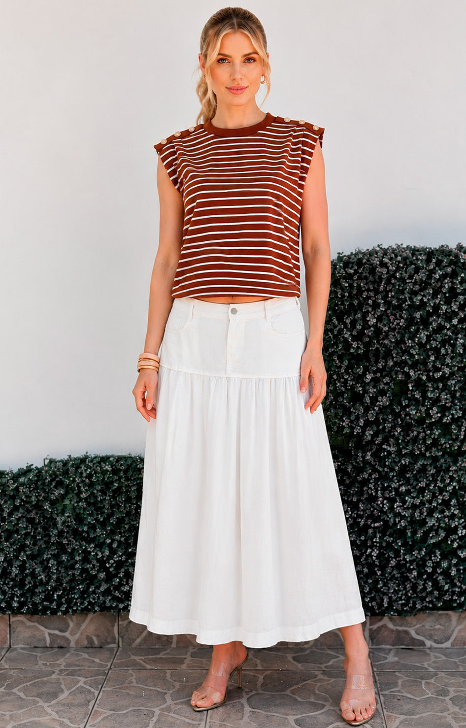 Blusa de rayas café con botones dorados - BLUSAS REGULAR Boutiquemirel 