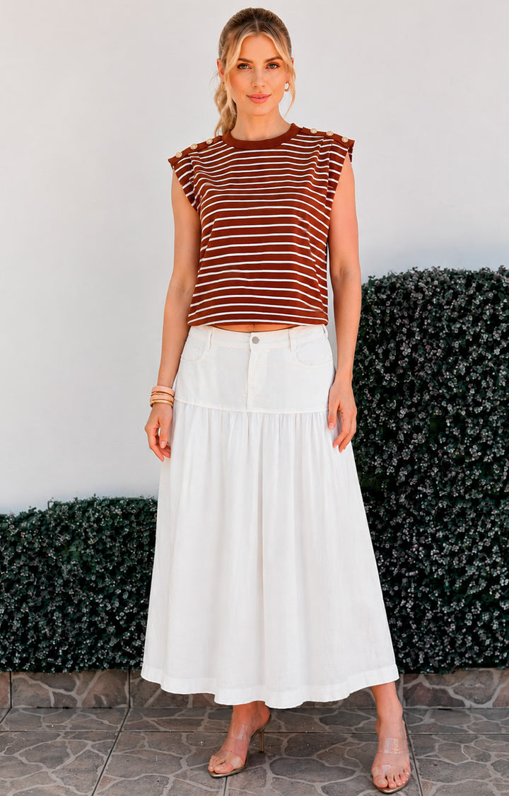 Blusa de rayas café con botones dorados - BLUSAS REGULAR Boutiquemirel 