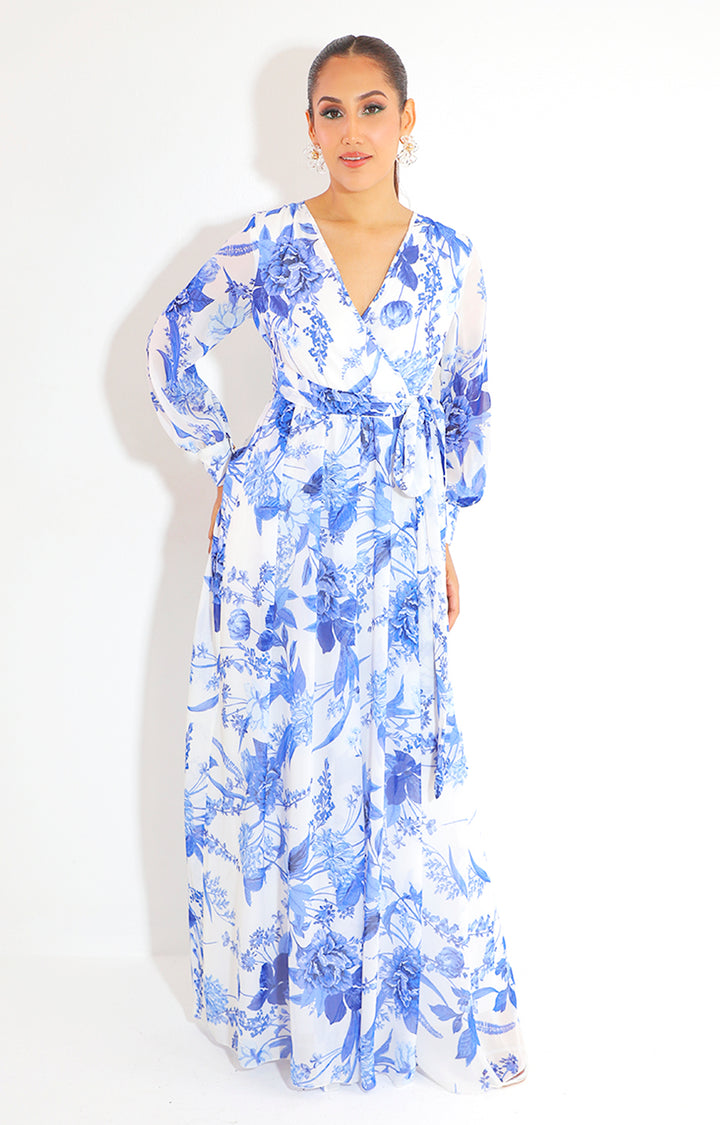 Vestido azul estampado largo con mangas - VESTIDO Boutiquemirel 