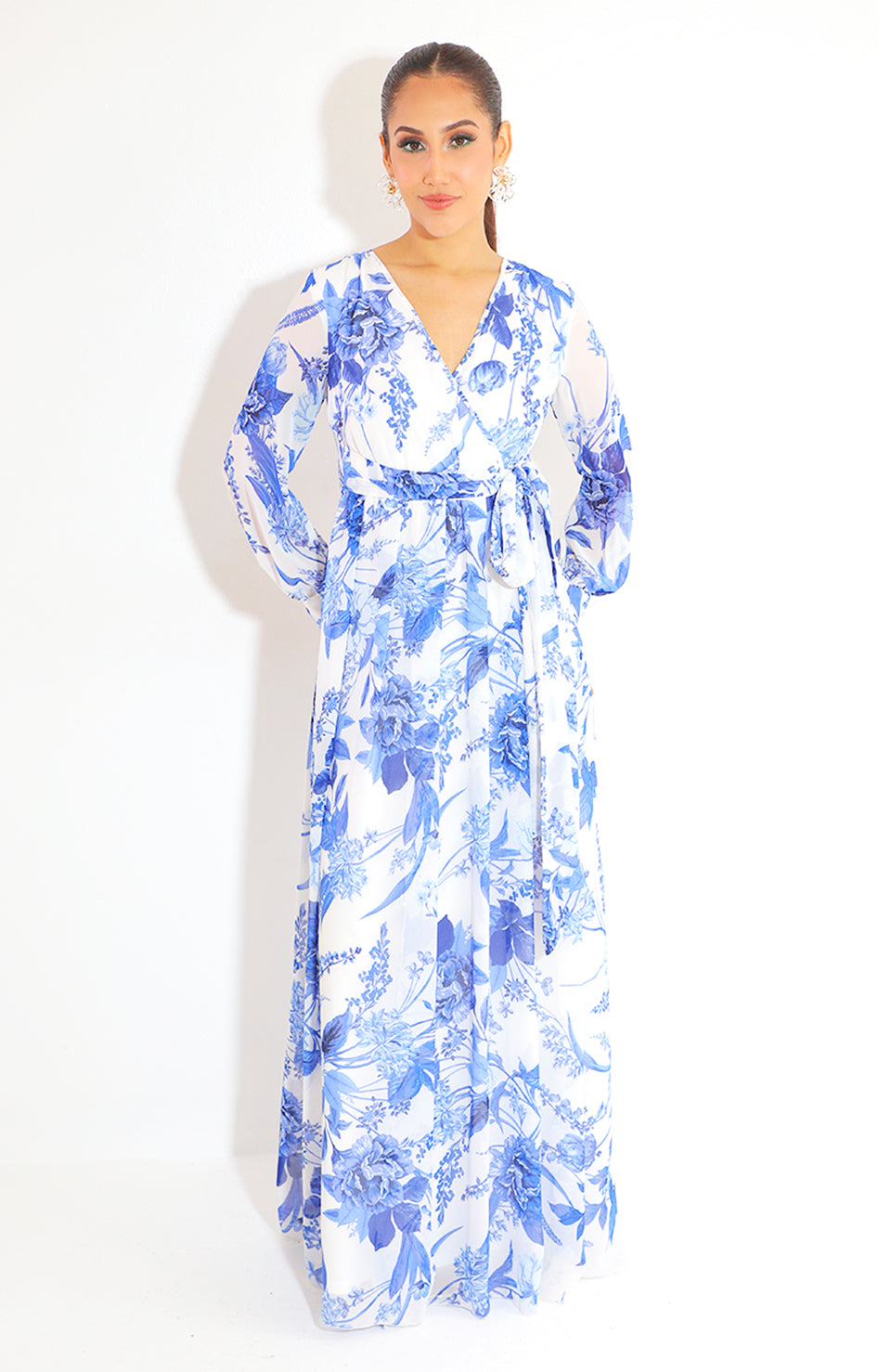 Vestido azul estampado largo con mangas - VESTIDO Boutiquemirel 