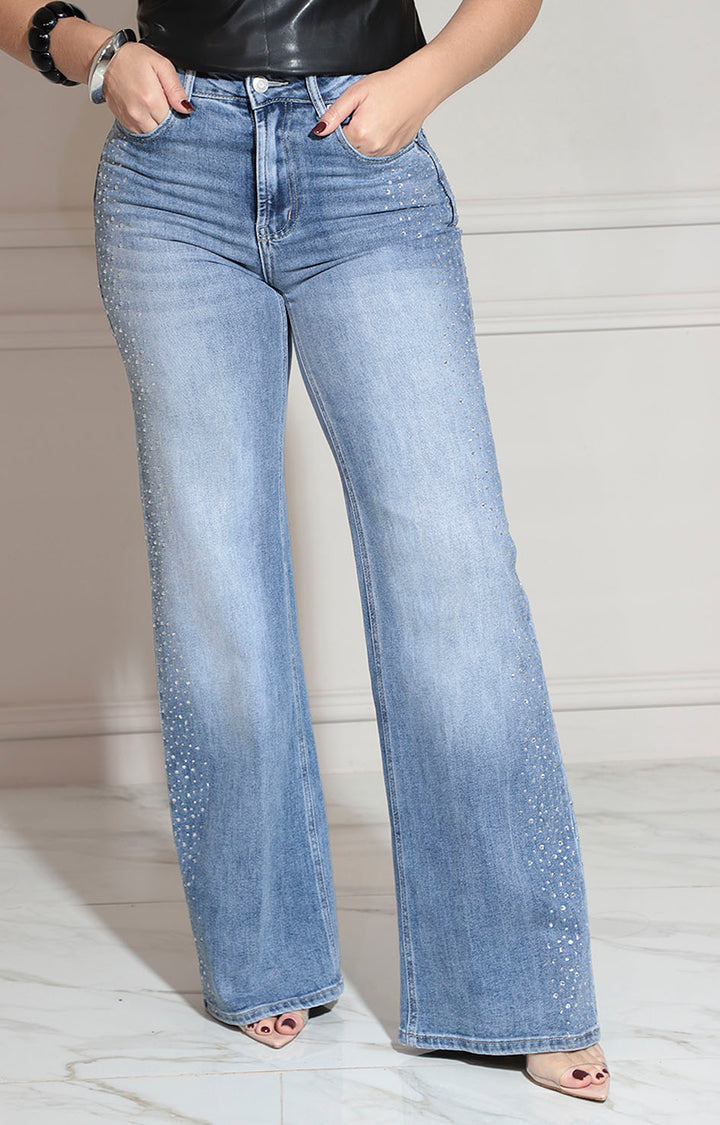 Pantalón denim con brillos