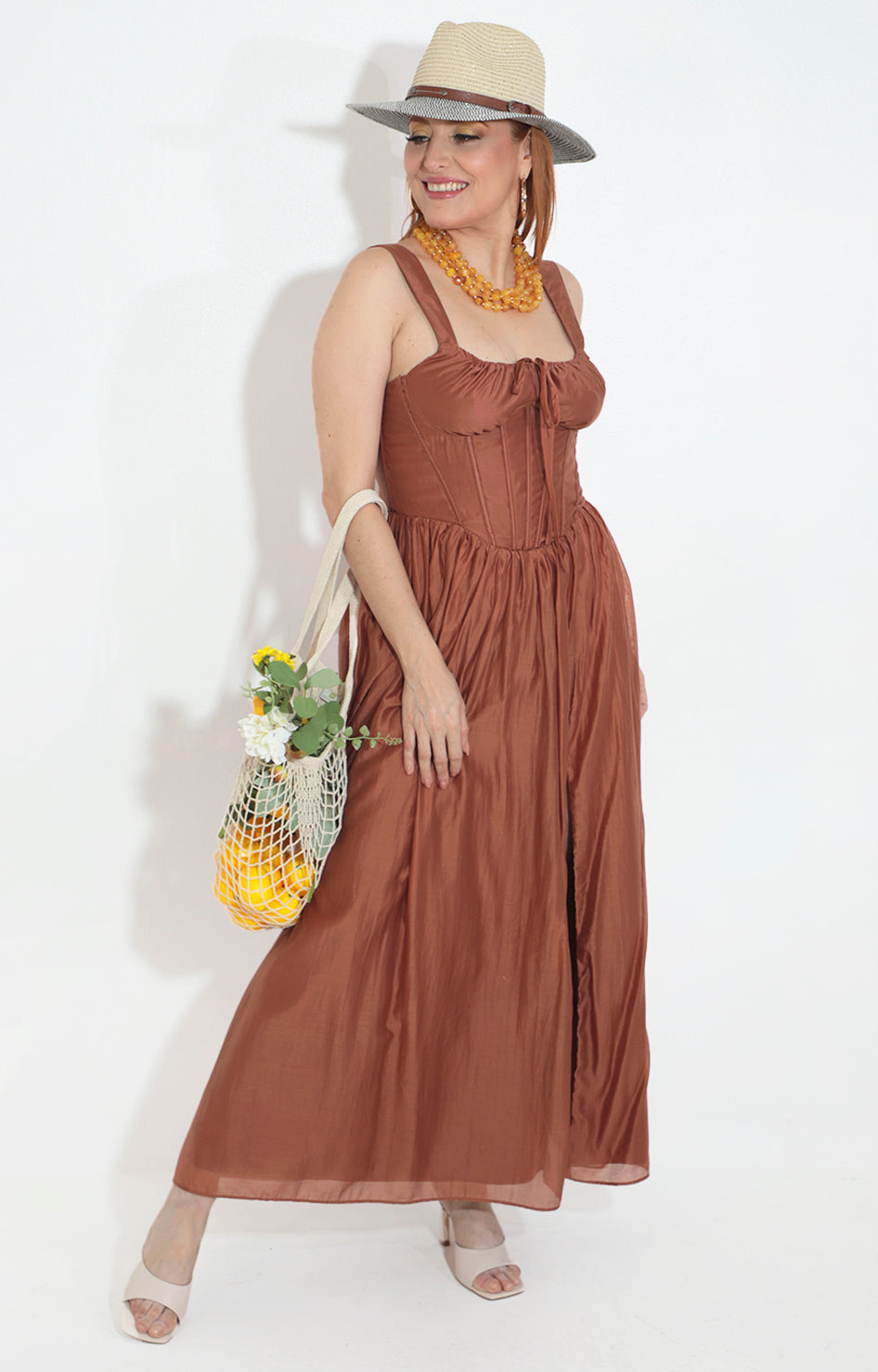 Vestido cafe de tirantes tipo corset - VESTIDO Boutiquemirel 