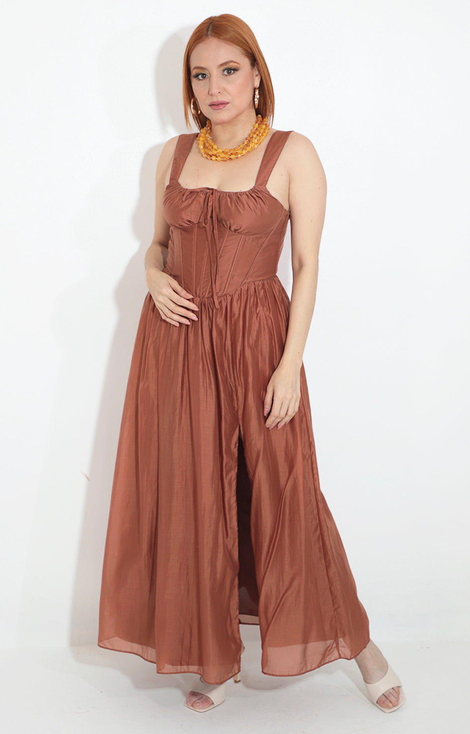 Vestido cafe de tirantes tipo corset - VESTIDO Boutiquemirel 