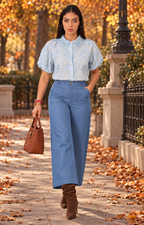 Blusa azul con guipur de corte regular de la marca Boutiquemirel, detalles de encaje en el pecho y manga larga.