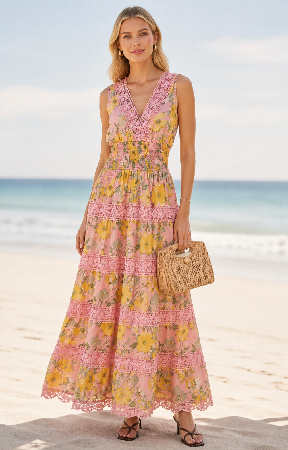 Vestido rosa con estampado floral - VESTIDO LARGO REGULAR Boutiquemirel 