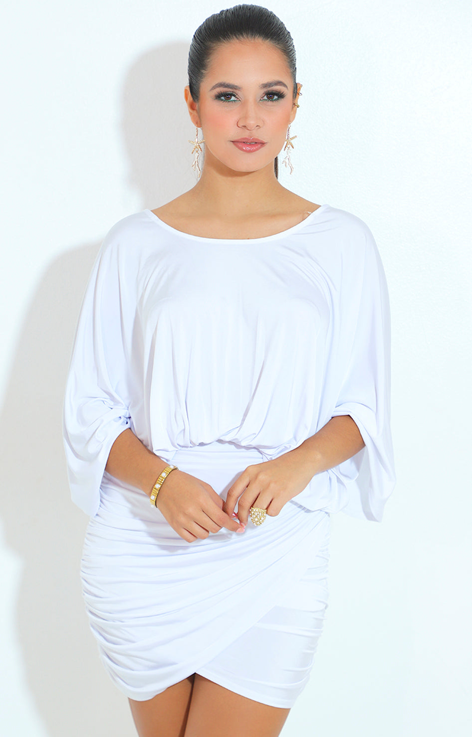 Vestido blanco con manga mariposa y fruncido - VESTIDO Boutiquemirel 