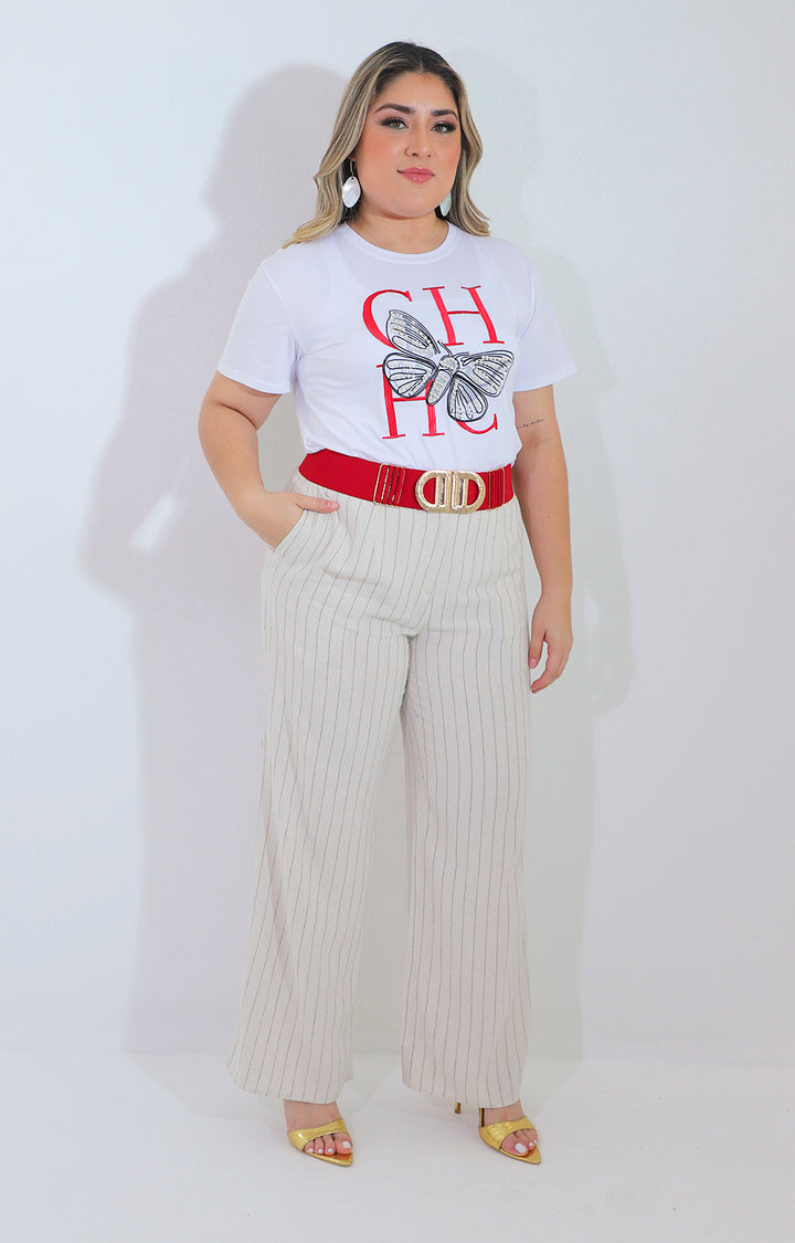 Pantalon beige recto de rayas - PANTALON Boutiquemirel 