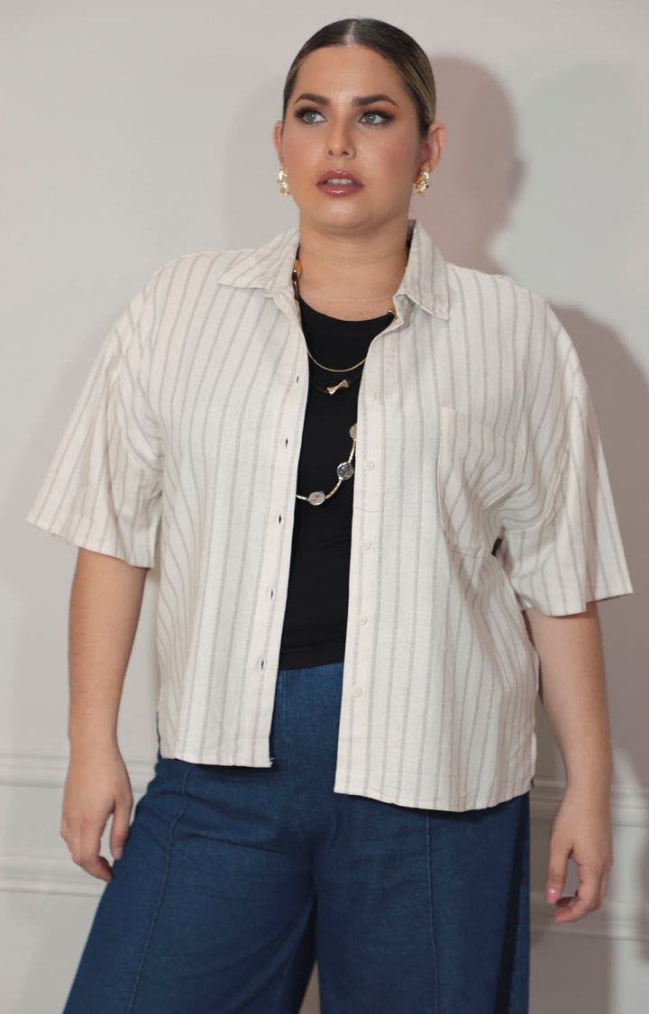 Blusa beige de rayas con botones frontal - BLUSA Boutiquemirel 