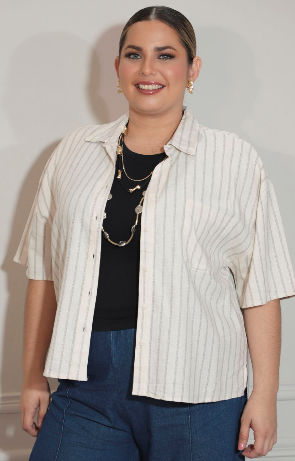 Blusa beige de rayas con botones frontal - BLUSA Boutiquemirel 