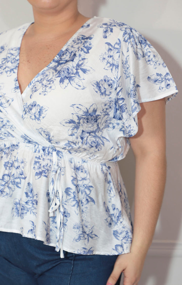 Blusa azul estampada con lazo ajustable - BLUSA Boutiquemirel 