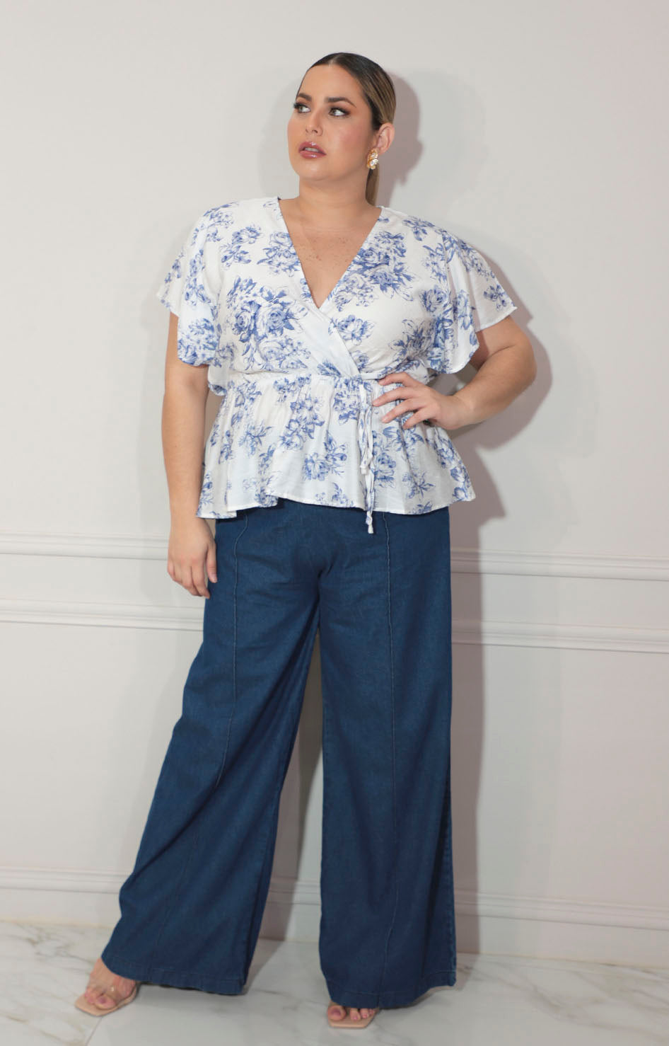 Blusa azul estampada con lazo ajustable - BLUSA Boutiquemirel 