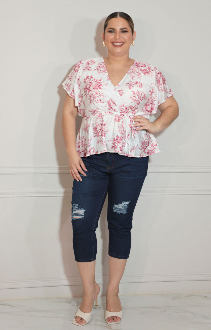 Blusa rosa estampado con lazo ajustable - BLUSA Boutiquemirel 