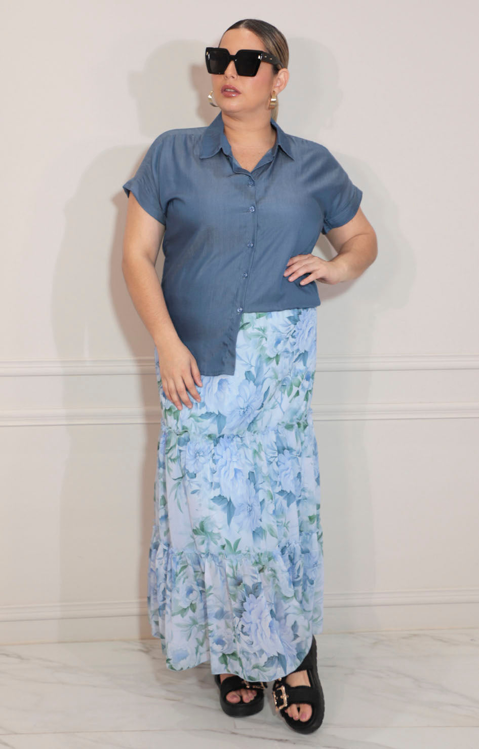 Blusa azul obscuro con botones y mangas - BLUSA Boutiquemirel 