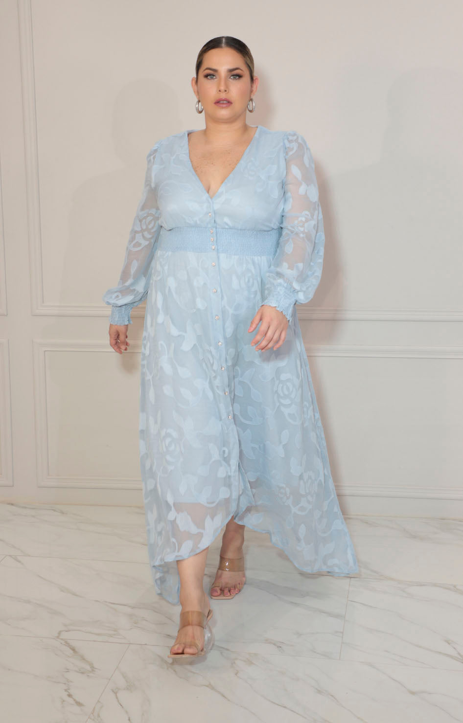 Vestido azul estampado con elástico y manga larga - VESTIDO Boutiquemirel 