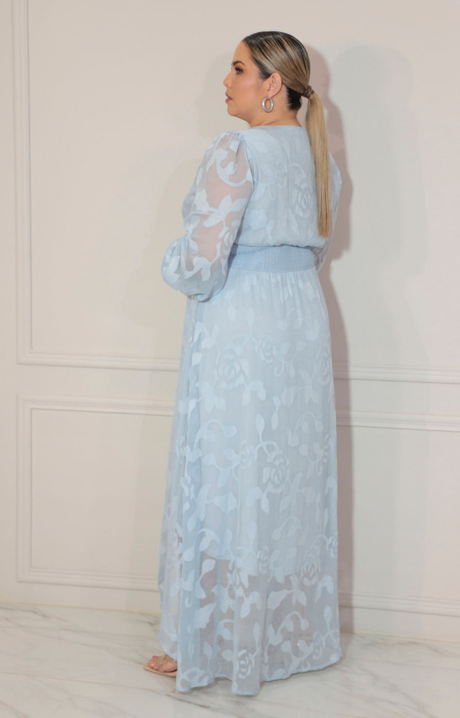 Vestido azul estampado con elástico y manga larga - VESTIDO Boutiquemirel 