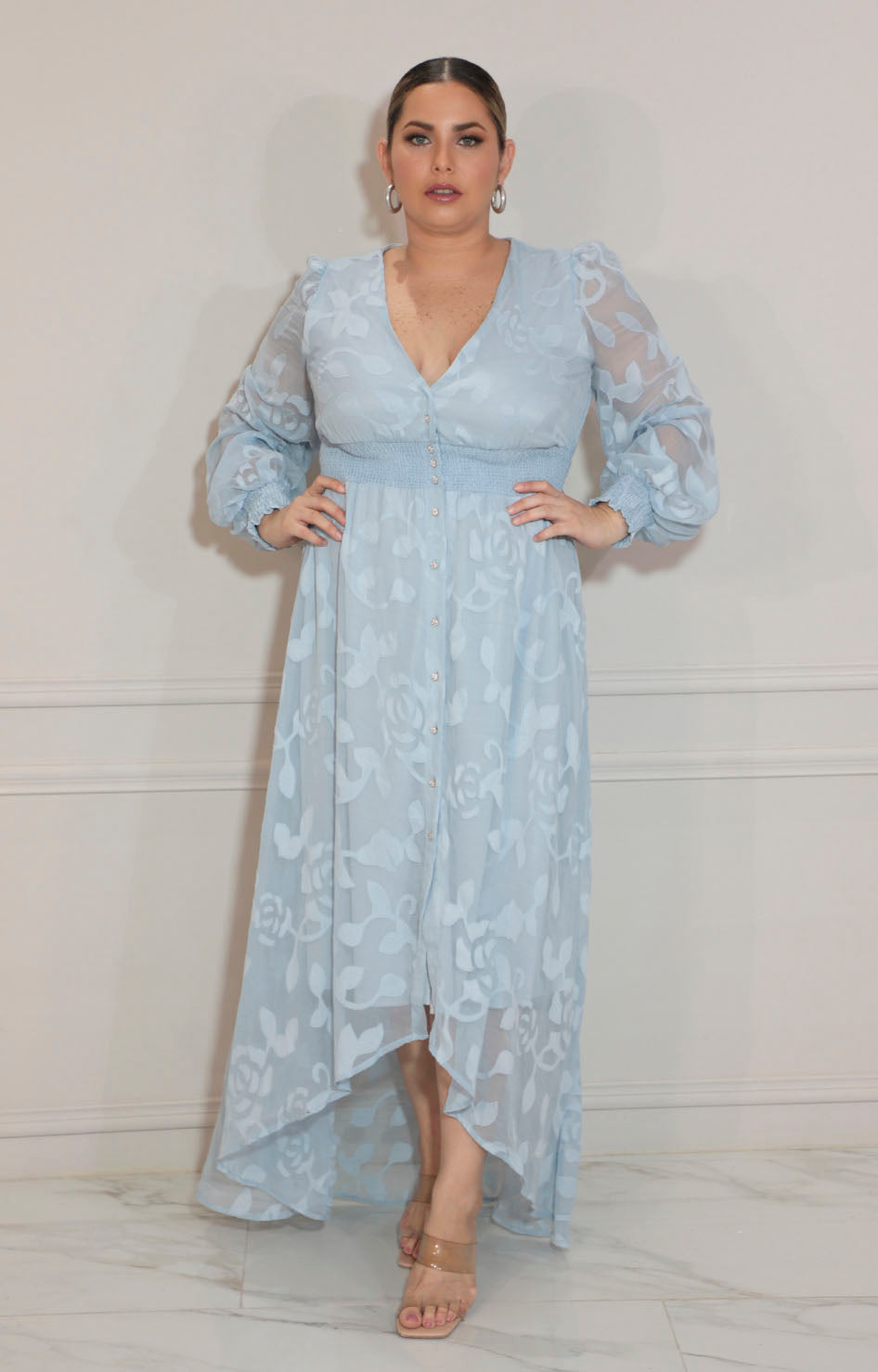 Vestido azul estampado con elástico y manga larga - VESTIDO Boutiquemirel 