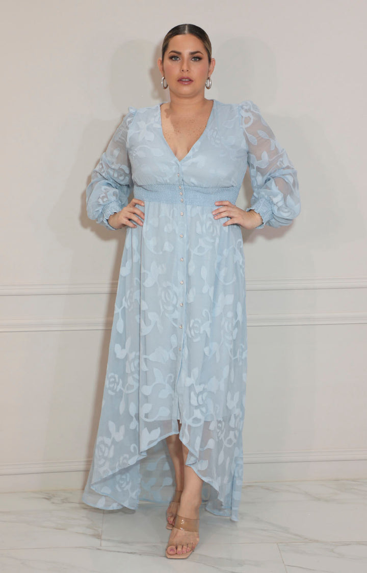 Vestido azul estampado con elástico y manga larga - VESTIDO Boutiquemirel 