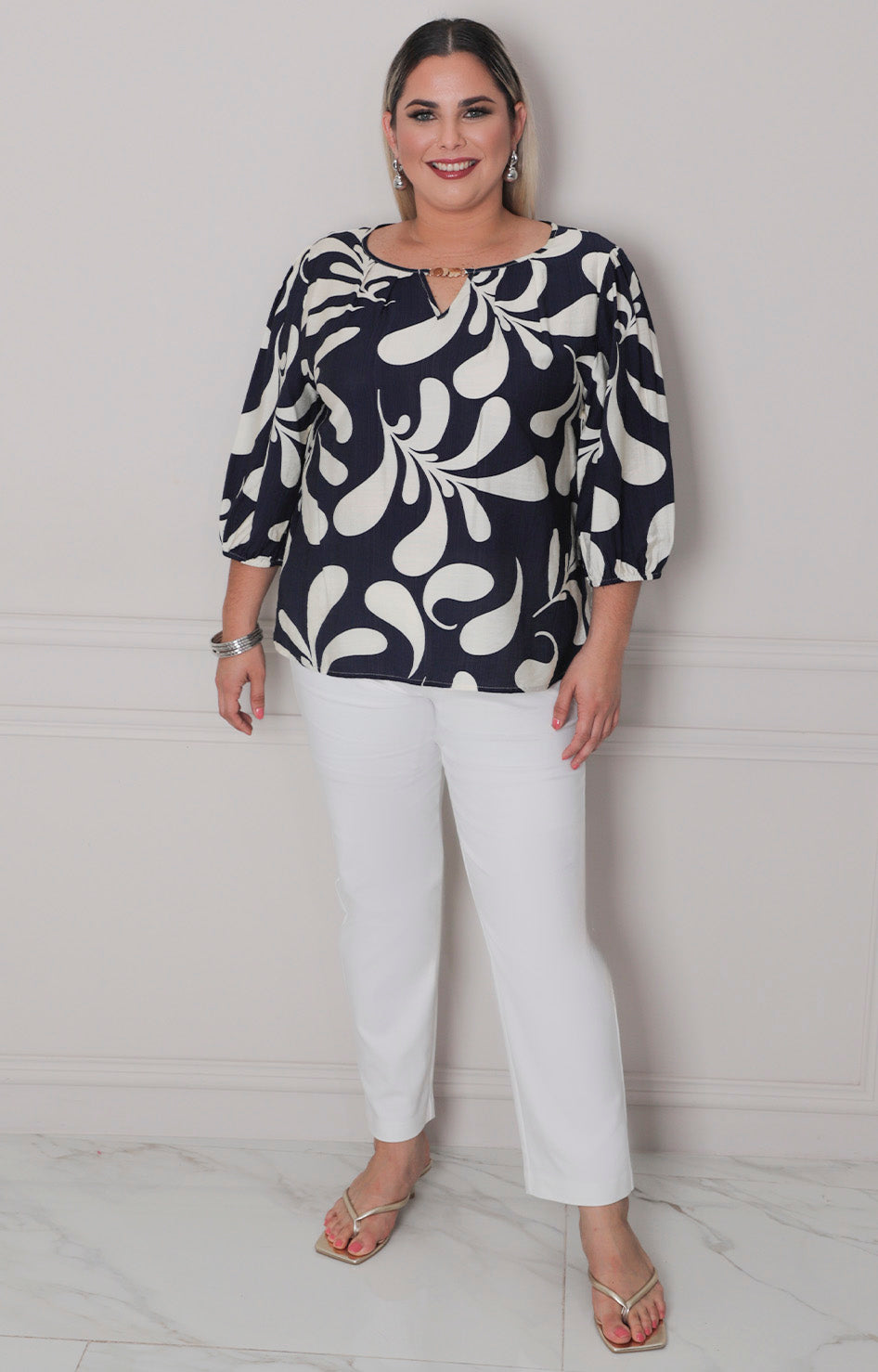 Blusa azul marino con estampado - BLUSAS CURVY Boutiquemirel 