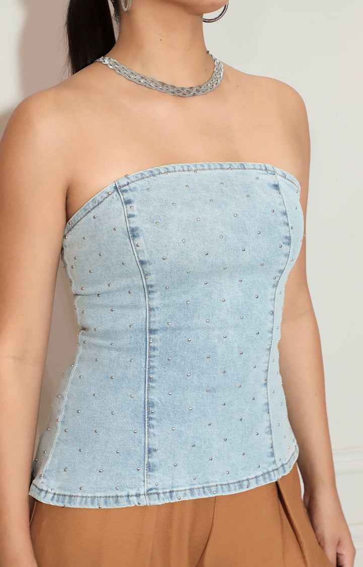 Blusa straple de mezclilla con brillos - BLUSA Boutiquemirel 