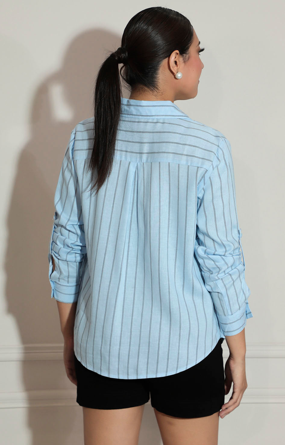 Blusa azul de rayas con botones y manga larga - BLUSA Boutiquemirel 