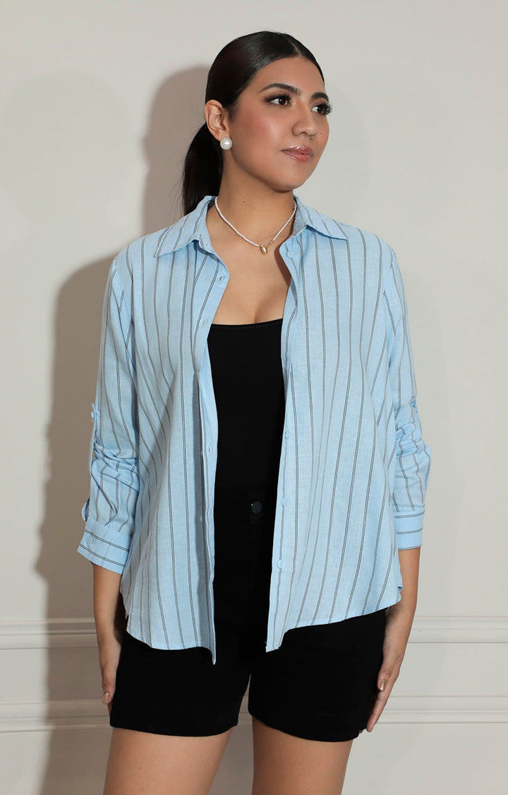 Blusa azul de rayas con botones y manga larga - BLUSA Boutiquemirel 