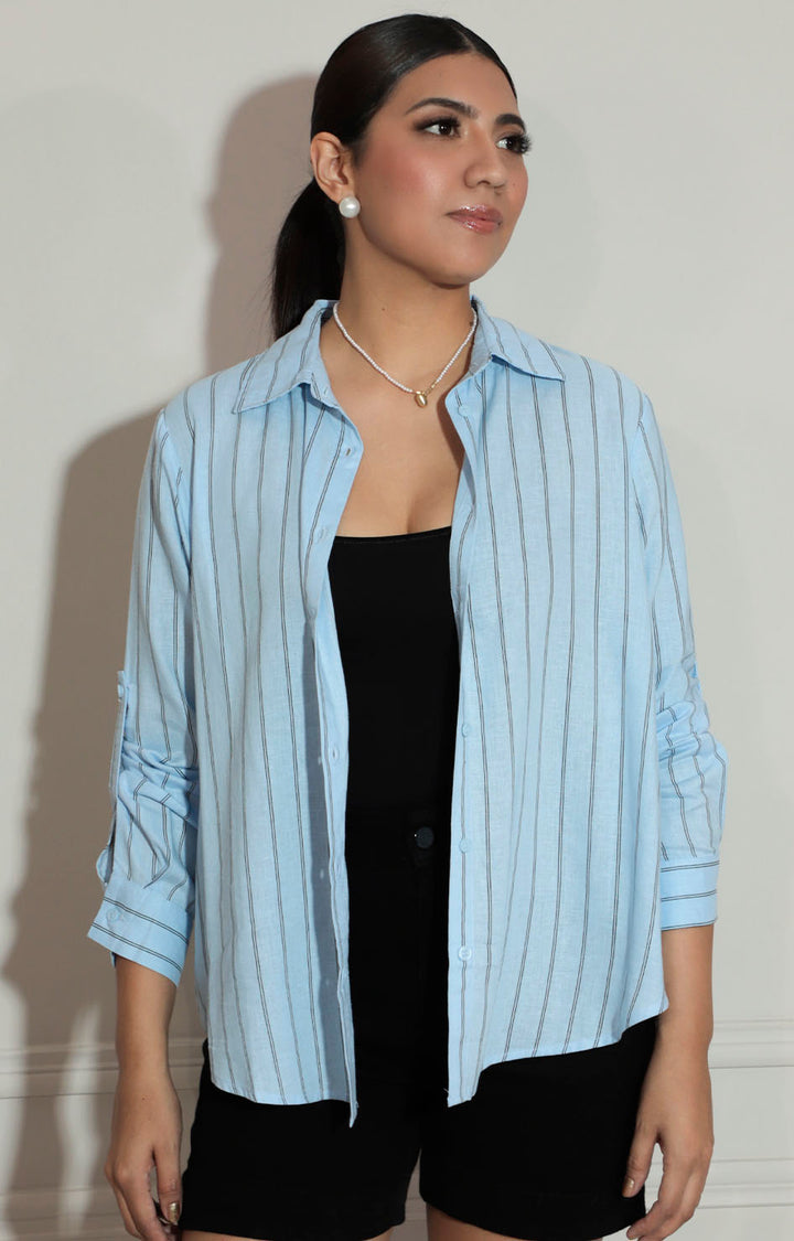 Blusa azul de rayas con botones y manga larga - BLUSA Boutiquemirel 