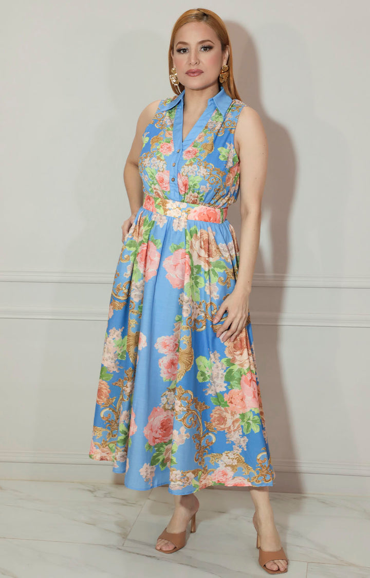 Vestido azul estampado con botones - VESTIDO Boutiquemirel 