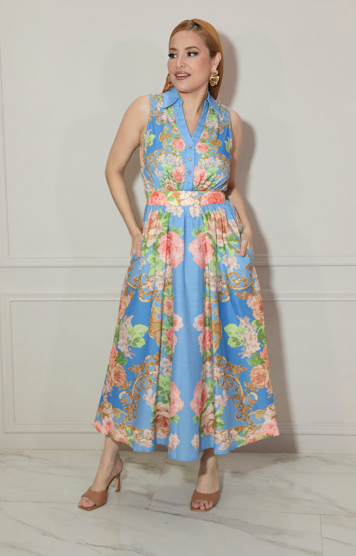 Vestido azul estampado con botones - VESTIDO Boutiquemirel 