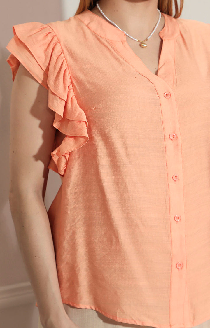 Blusa coral lisa con volante en mangas - BLUSA Boutiquemirel 