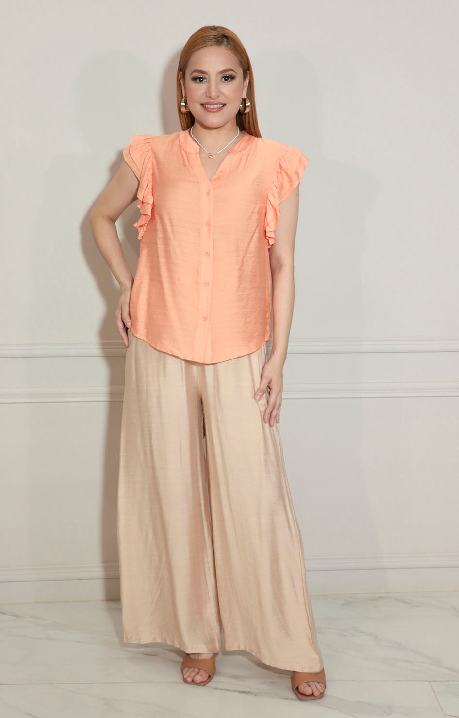 Blusa coral lisa con volante en mangas - BLUSA Boutiquemirel 