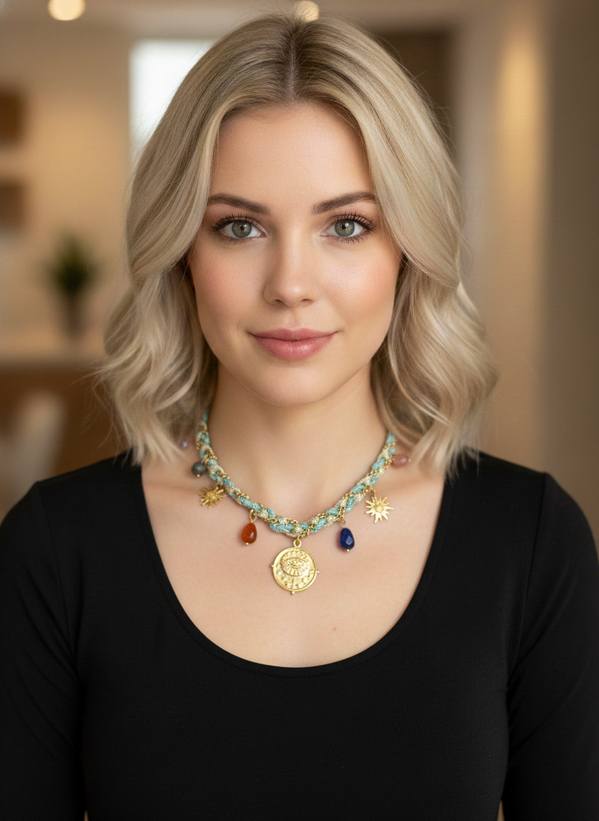 Collar azul con dorado y dijes - COLLAR Boutiquemirel 