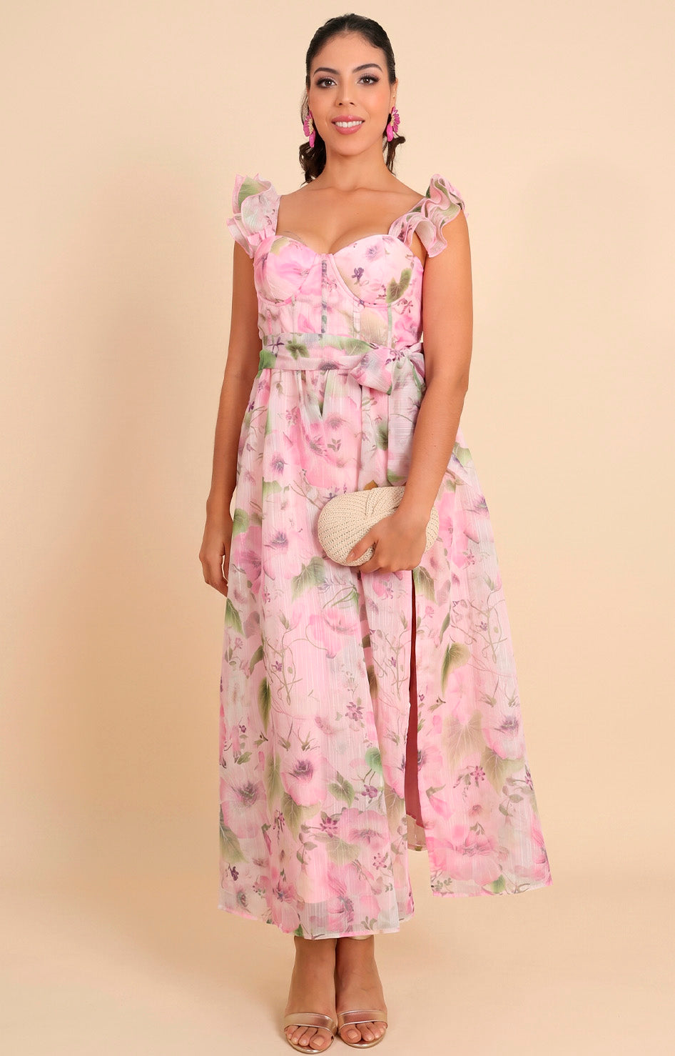 Vestido rosa estampado con lazo