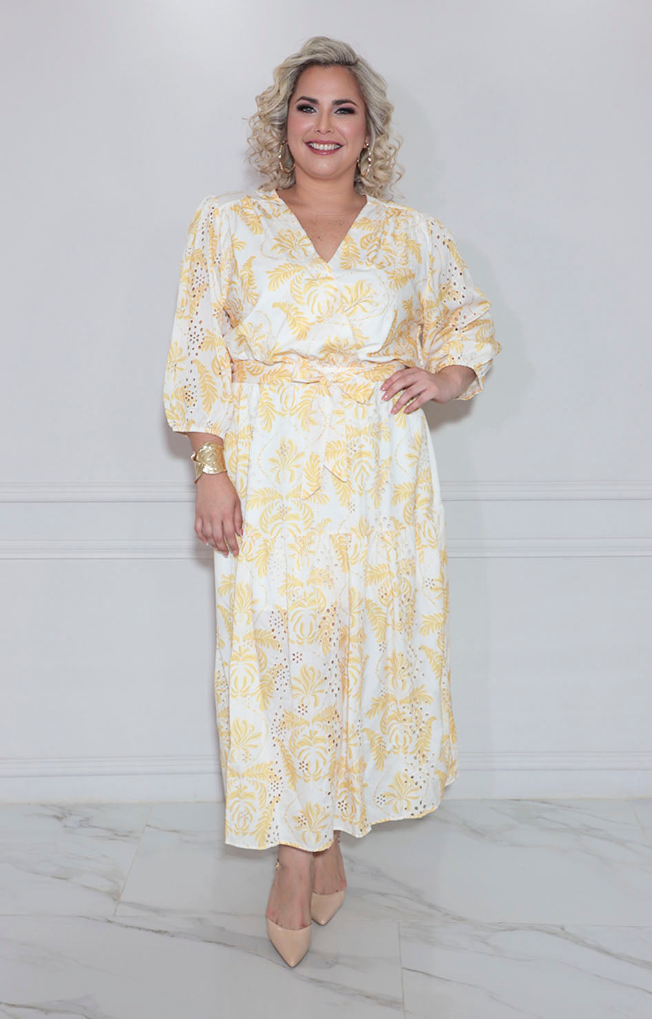 Vestido amarillo estampado con lazo - VESTIDO LARGO CURVY Boutiquemirel 
