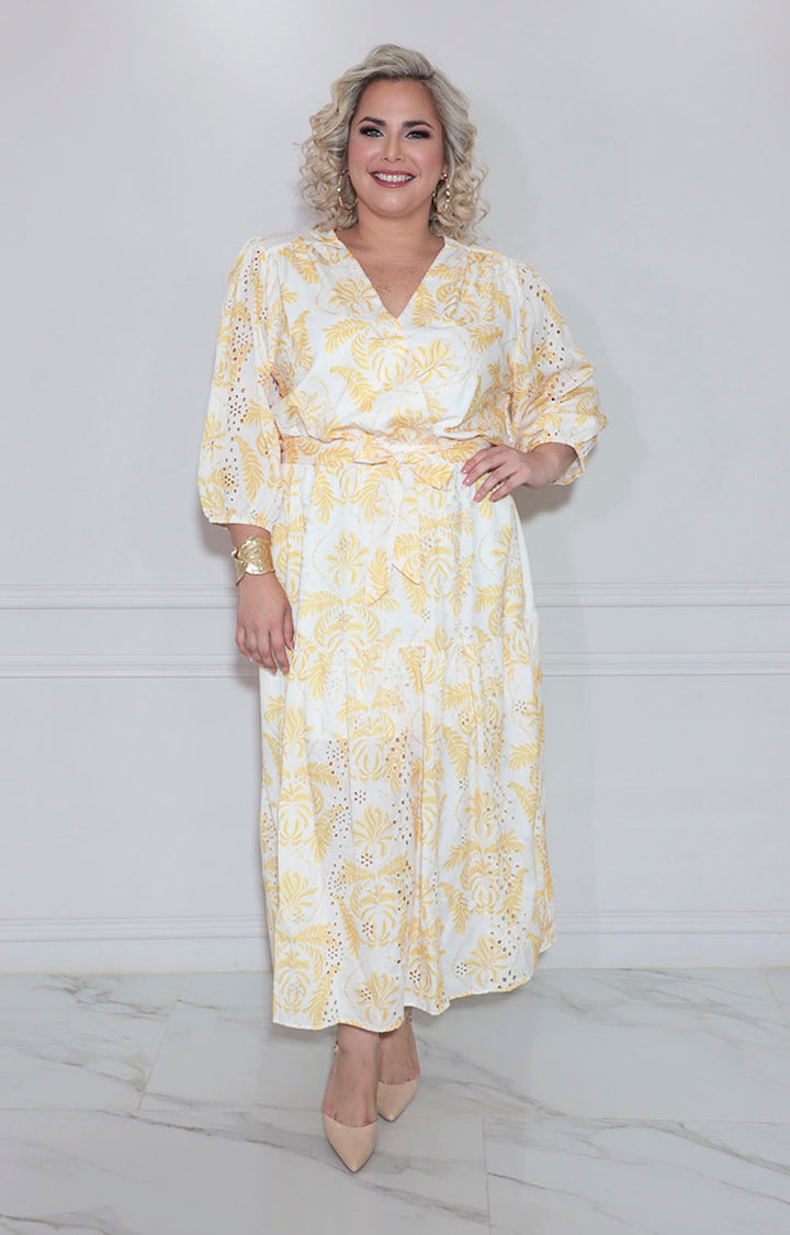 Vestido amarillo estampado con lazo - VESTIDO LARGO CURVY Boutiquemirel 