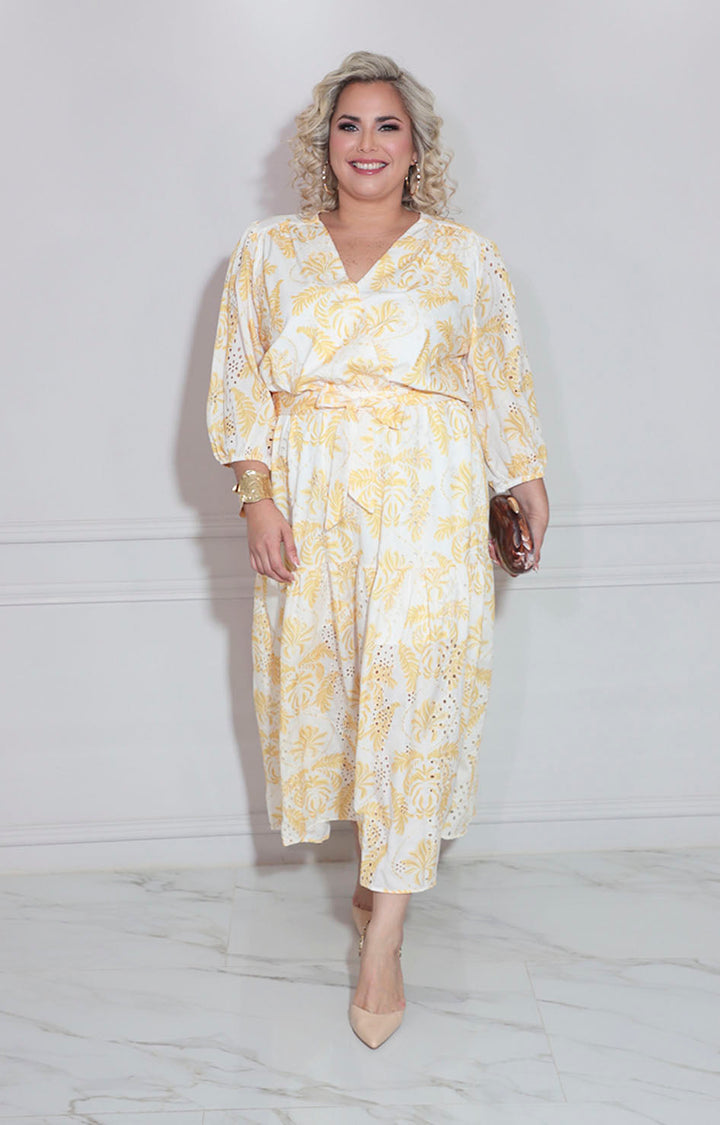Vestido amarillo estampado con lazo - VESTIDO LARGO CURVY Boutiquemirel 