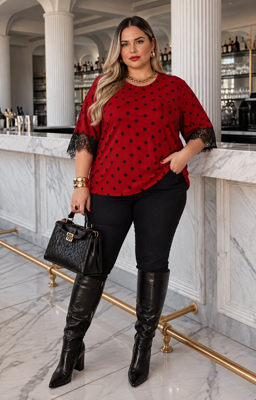 Blusa curva de Boutiquemirel con estampado de lunares y detalles de encaje, estilo elegante y femenino.