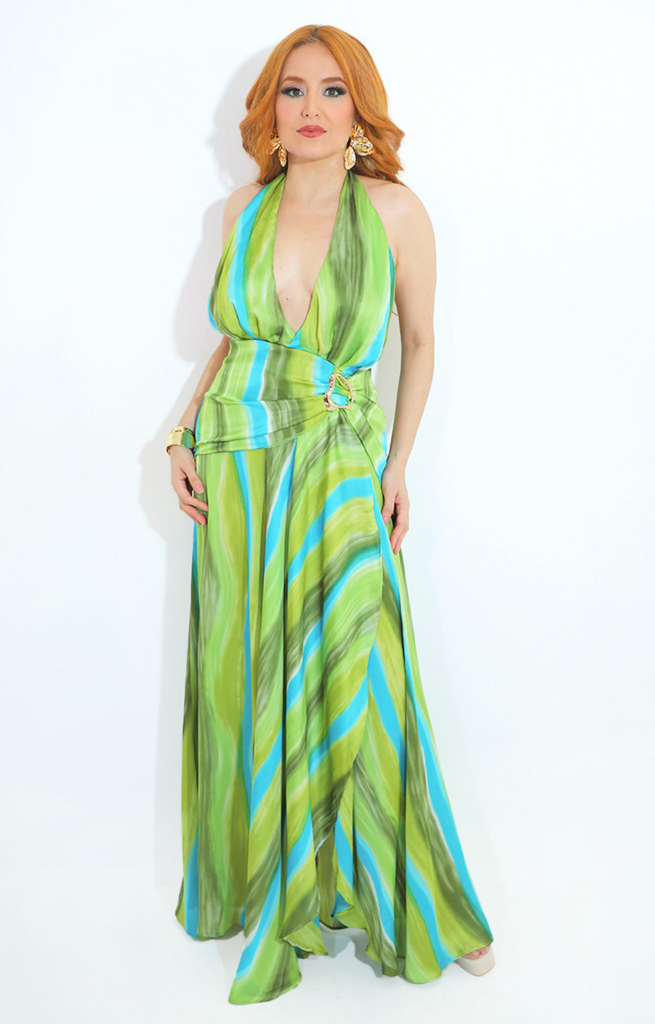 Vestido verde estampado con lazo en cuello - VESTIDO Boutiquemirel 