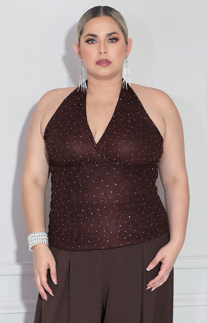 Blusa café con brillos